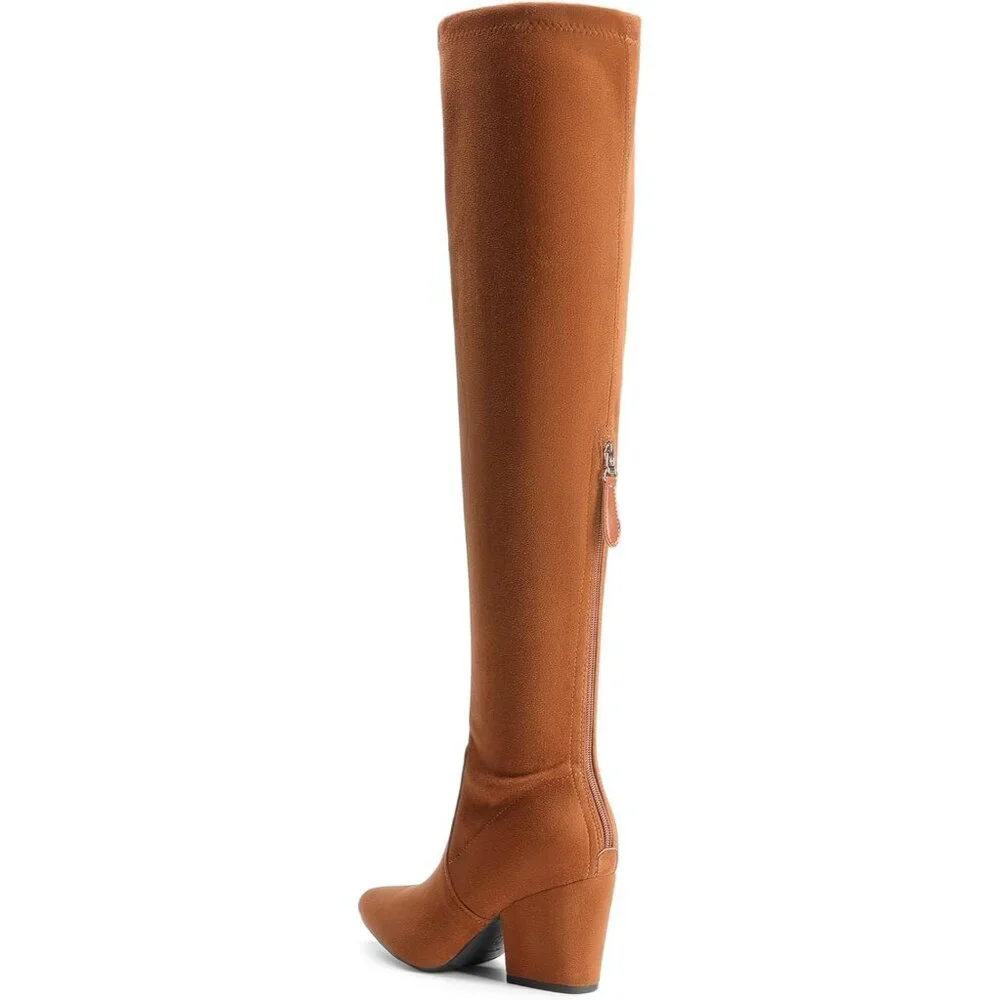 Women's Brown Thigh High Knee Chunky Pointed Toe Long Block Stylish Heel Boot